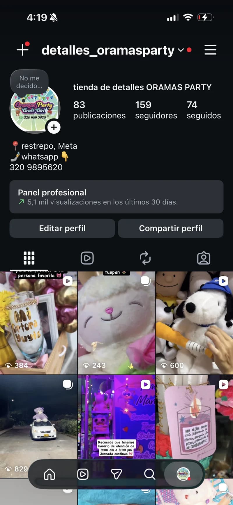 Perfil de Instagram antes: 159 seguidores y 5.100 visualizaciones en 30 dias